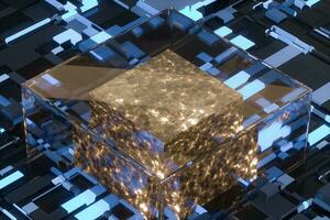 circuito tablero con brillante cubo y líneas, 3d representación. foto