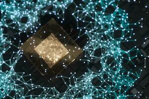 Circuit board with glowing cube and lines, 3d rendering. photo