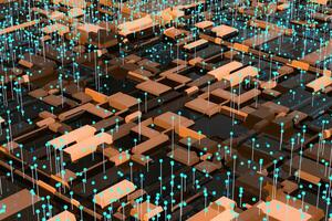 Circuit board with glowing cube and lines, 3d rendering. photo