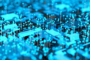 Circuit board with glowing cube and lines, 3d rendering. photo