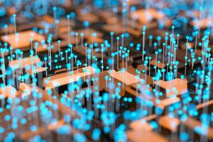 Circuit board with glowing cube and lines, 3d rendering. photo