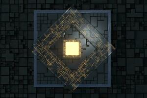 Luminous cube and circuits, black cubes, 3d rendering. photo
