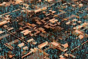 Circuit board with glowing cube and lines, 3d rendering. photo