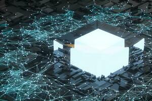 Circuit board with glowing cube and lines, 3d rendering. photo