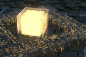 Luminous cube and circuits, black cubes, 3d rendering. photo