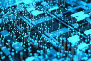 Circuit board with glowing cube and lines, 3d rendering. photo