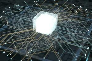 Luminous cube and circuits, black cubes, 3d rendering. photo