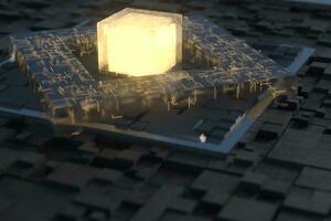 luminoso cubo y circuitos, negro cubitos, 3d representación. foto