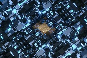 Circuit board with glowing cube and lines, 3d rendering. photo