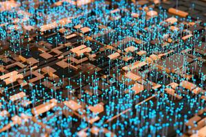 Circuit board with glowing cube and lines, 3d rendering. photo