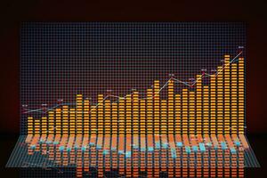 Business chart with line graph, bar chart and numbers on dark background, 3d rendering photo