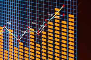 Business chart with line graph, bar chart and numbers on dark background, 3d rendering photo