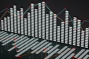 Business chart with line graph, bar chart and numbers on dark background, 3d rendering photo