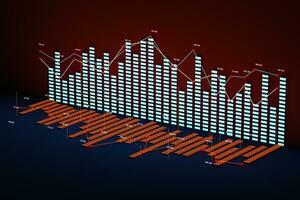 Business chart with line graph, bar chart and numbers on dark background, 3d rendering photo