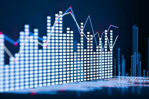 Business chart with line graph, bar chart and numbers on dark background, 3d rendering photo