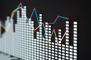 Business chart with line graph, bar chart and numbers on dark background, 3d rendering photo