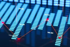 Business chart with line graph, bar chart and numbers on dark background, 3d rendering photo