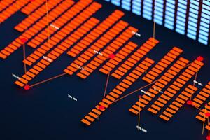 Business chart with line graph, bar chart and numbers on dark background, 3d rendering photo