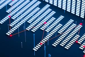 Business chart with line graph, bar chart and numbers on dark background, 3d rendering photo