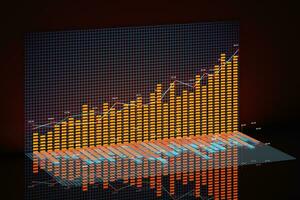 Business chart with line graph, bar chart and numbers on dark background, 3d rendering photo