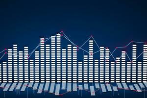 Business chart with line graph, bar chart and numbers on dark background, 3d rendering photo