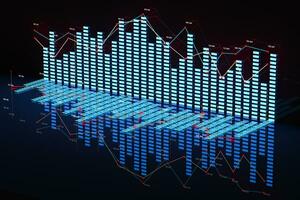 Business chart with line graph, bar chart and numbers on dark background, 3d rendering photo