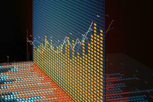 Business chart with line graph, bar chart and numbers on dark background, 3d rendering photo