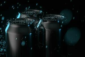 The rain drops fell on cans, cans with dark background, 3d rendering. photo