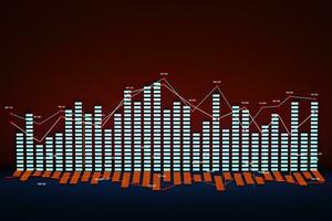 Business chart with line graph, bar chart and numbers on dark background, 3d rendering photo