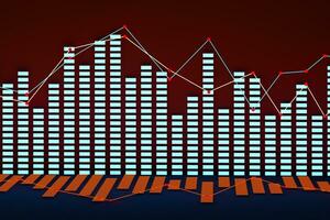 Business chart with line graph, bar chart and numbers on dark background, 3d rendering photo