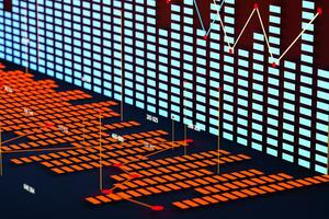 Business chart with line graph, bar chart and numbers on dark background, 3d rendering photo