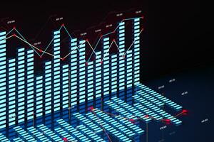 Business chart with line graph, bar chart and numbers on dark background, 3d rendering photo