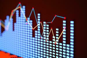 Business chart with line graph, bar chart and numbers on dark background, 3d rendering photo