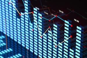 Business chart with line graph, bar chart and numbers on dark background, 3d rendering photo