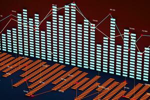 Business chart with line graph, bar chart and numbers on dark background, 3d rendering photo