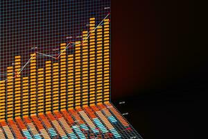 Business chart with line graph, bar chart and numbers on dark background, 3d rendering photo