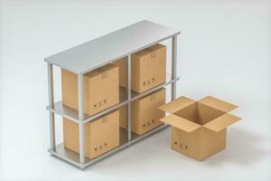 The cartons are put on neatly arranged shelves, 3d rendering. photo