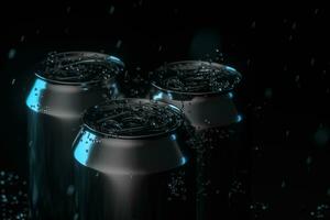 The rain drops fell on cans, cans with dark background, 3d rendering. photo