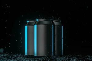 The rain drops fell on cans, cans with dark background, 3d rendering. photo