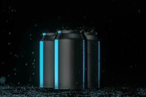 The rain drops fell on cans, cans with dark background, 3d rendering. photo