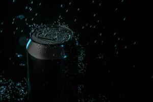 The rain drops fell on cans, cans with dark background, 3d rendering. photo