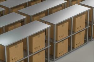 The cartons are put on neatly arranged shelves, 3d rendering. photo