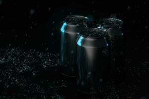 el lluvia gotas cayó en latas, latas con oscuro fondo, 3d representación. foto
