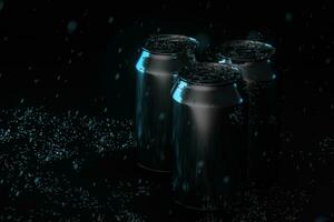 The rain drops fell on cans, cans with dark background, 3d rendering. photo