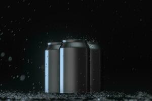 el lluvia gotas cayó en latas, latas con oscuro fondo, 3d representación. foto