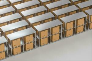 The cartons are put on neatly arranged shelves, 3d rendering. photo