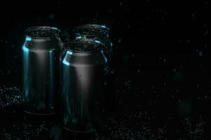 The rain drops fell on cans, cans with dark background, 3d rendering. photo