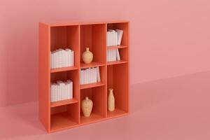 Cabinet with books and vases inside in the empty new house, 3d rendering. photo