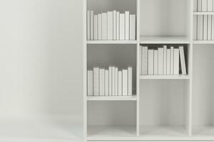 estante para libros con libros dentro en el vacío nuevo casa, 3d representación. foto