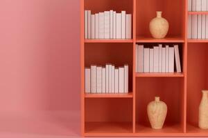 Cabinet with books and vases inside in the empty new house, 3d rendering. photo